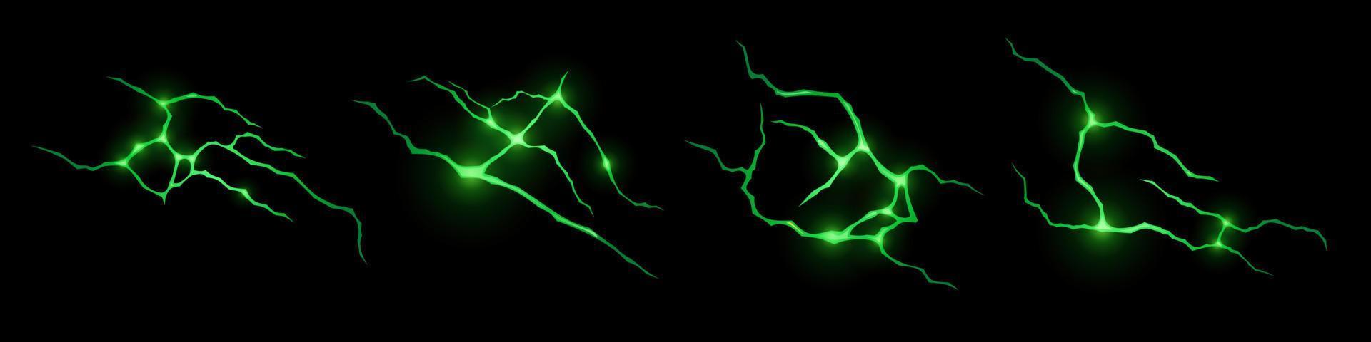 Green lightnings realistic set isolated on black vector