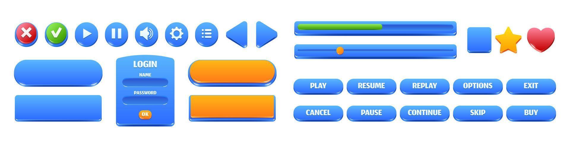 Glossy blue buttons and frames for game interface vector