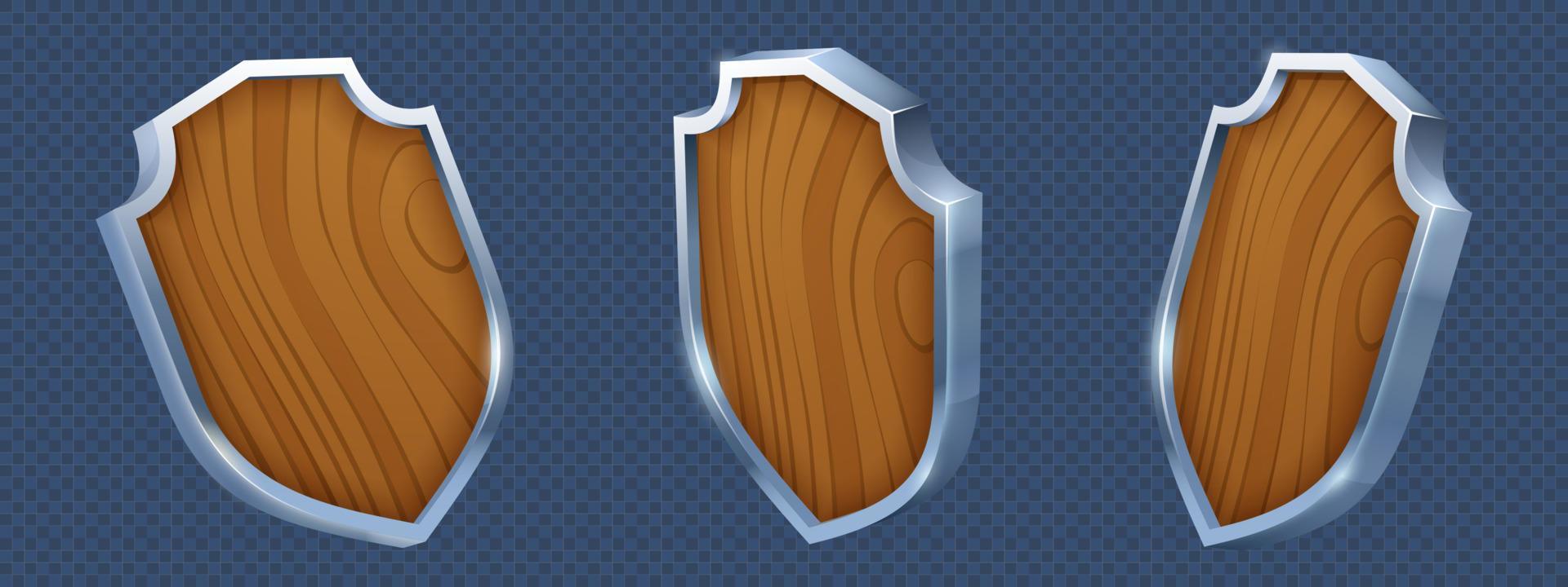 Wooden shield with metal frame, blank wood panel vector