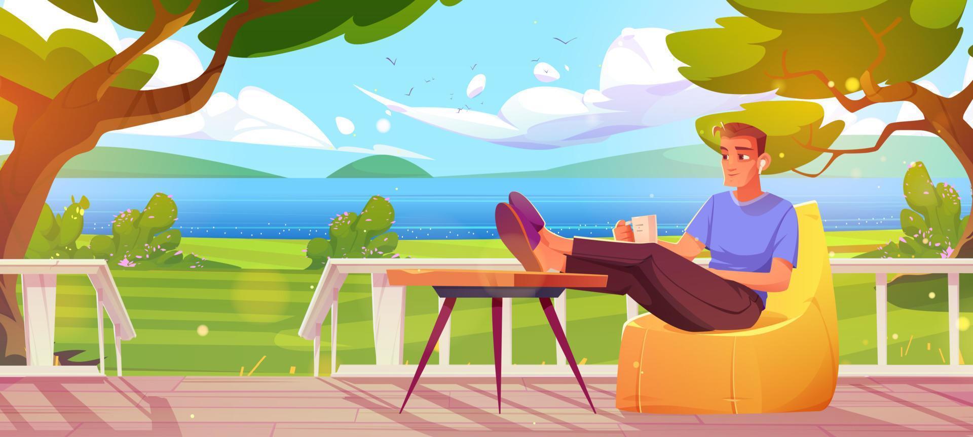 hombre con taza de café y auriculares relajarse en la terraza vector