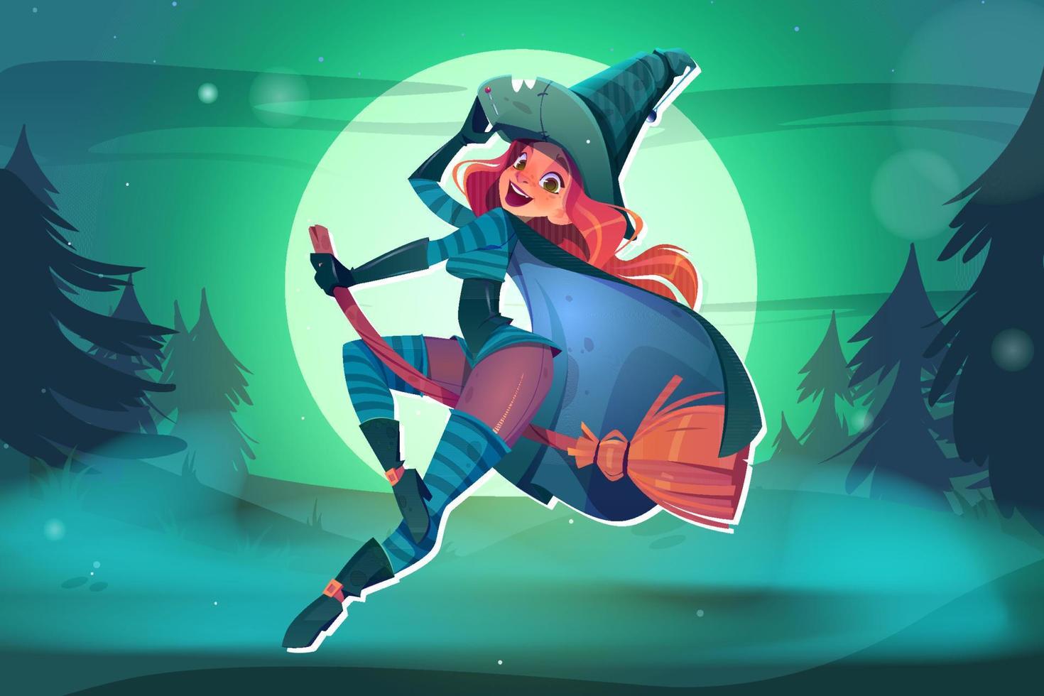 Sexy witch flying on broom, full moon background vector