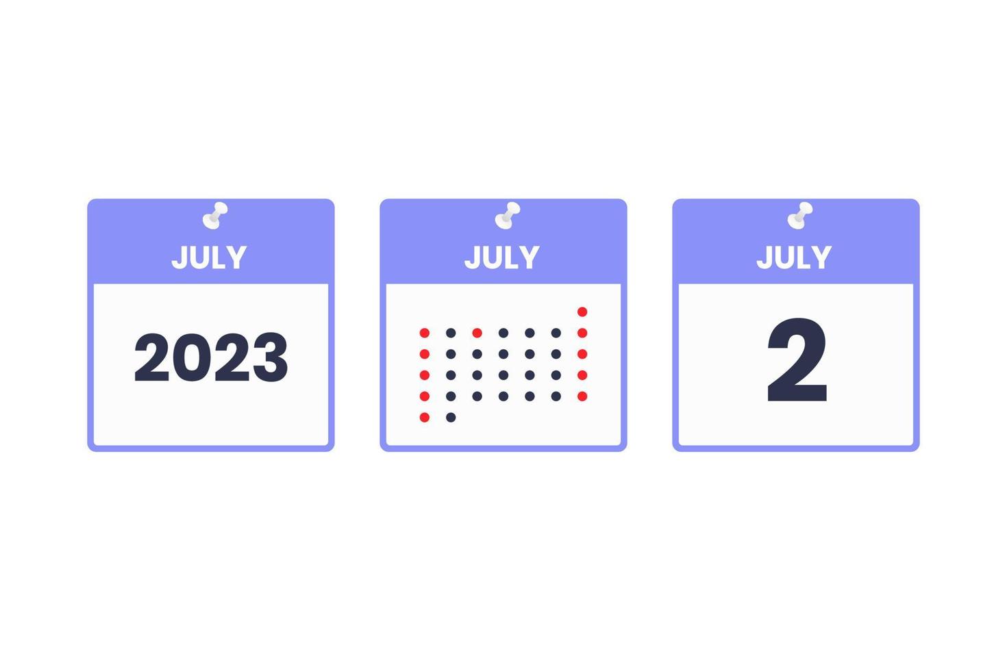 icono de diseño de calendario del 2 de julio. calendario 2023, cita, concepto de fecha importante vector