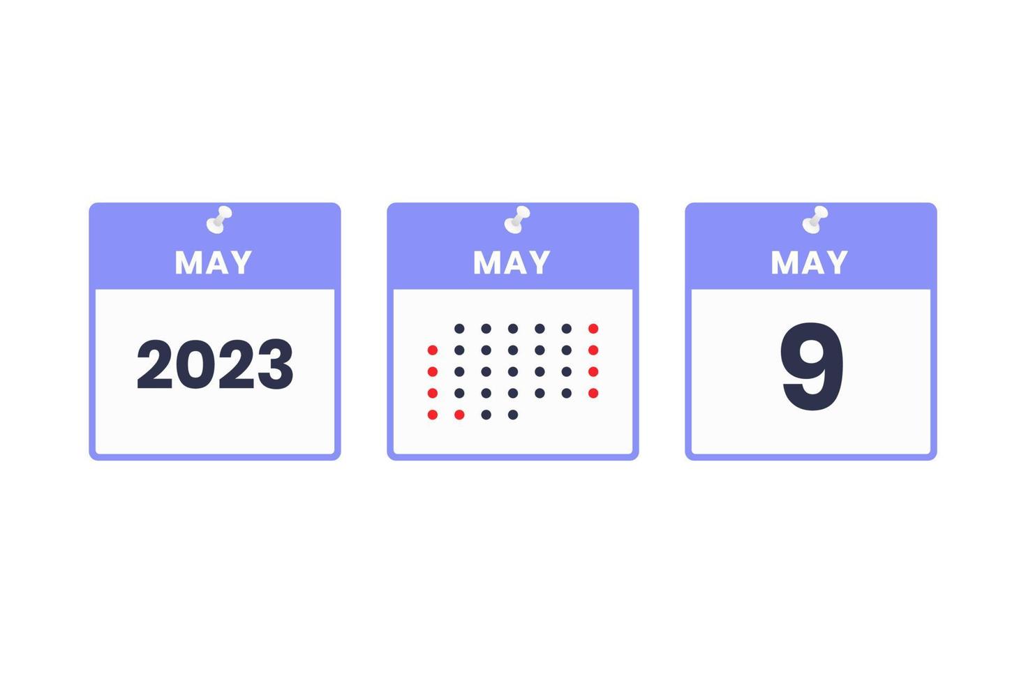 icono de diseño de calendario del 9 de mayo. calendario 2023, cita, concepto de fecha importante vector