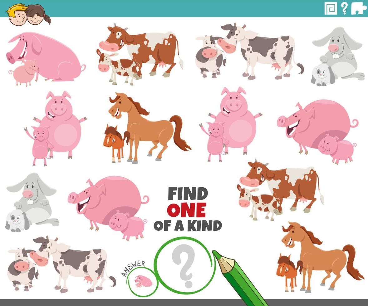 one of a kind task with cartoon farm animals and their babies vector