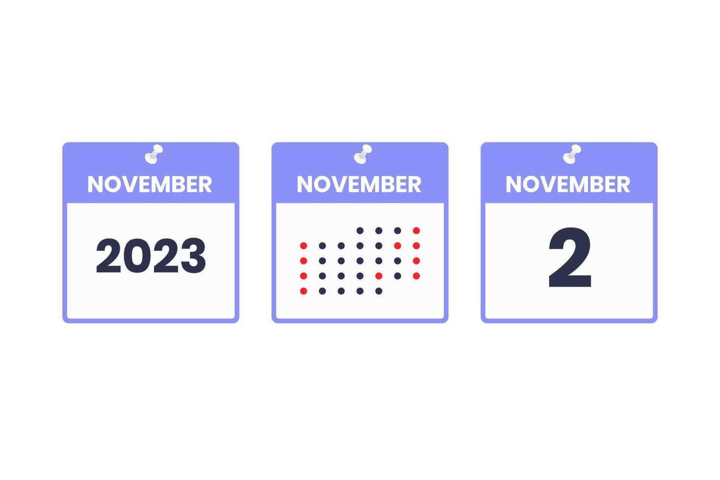 icono de diseño de calendario del 2 de noviembre. calendario 2023, cita, concepto de fecha importante vector