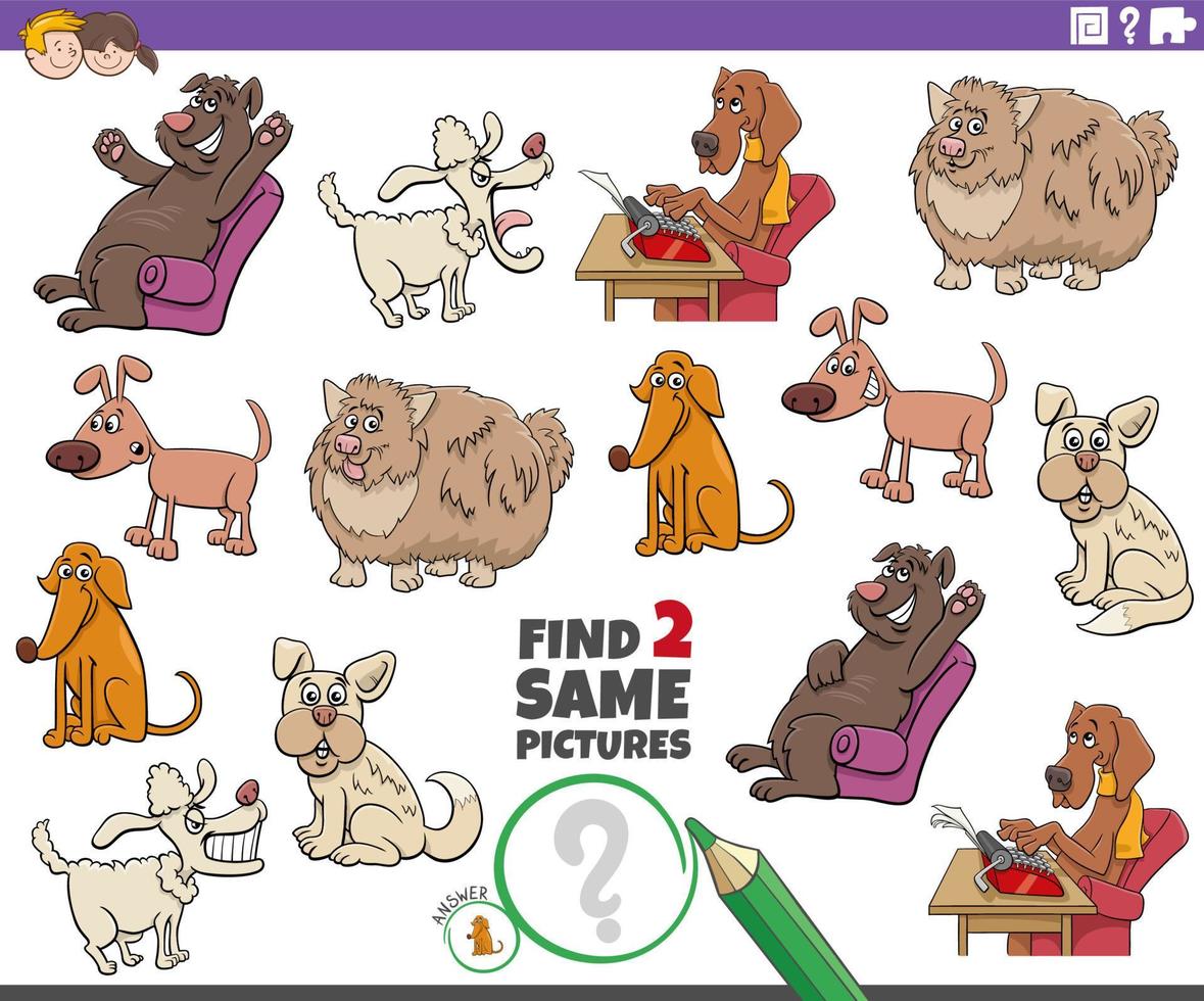find two same comic dog characters educational game vector