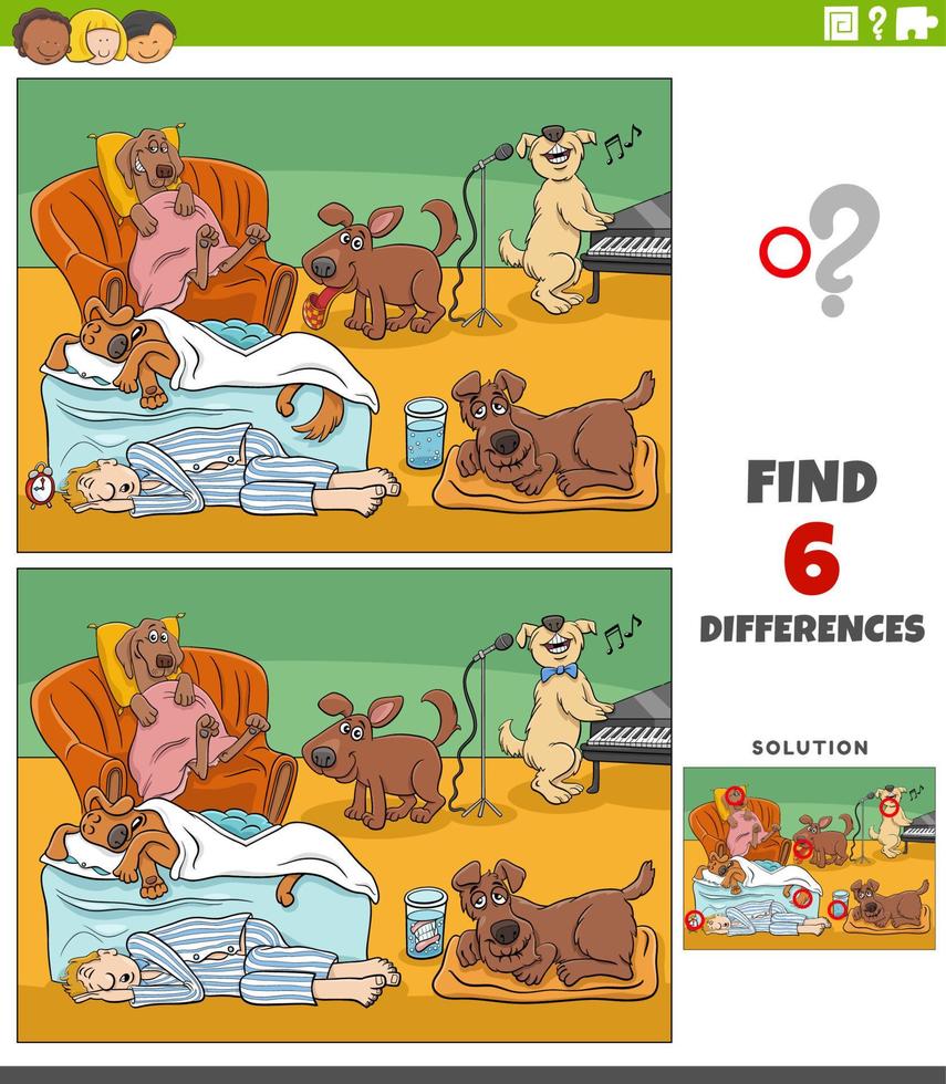 differences task with cartoon dogs animal characters vector