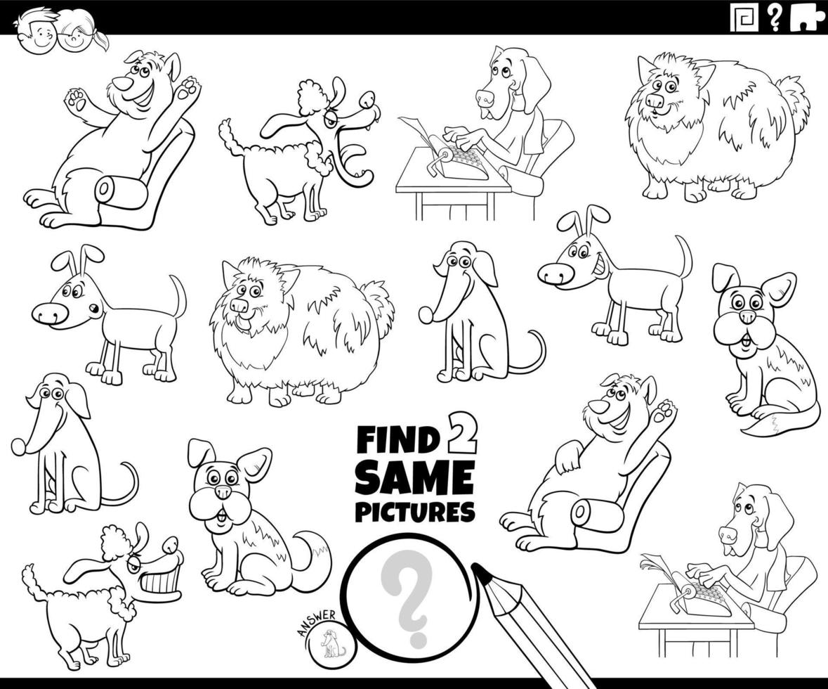 find two same comic dog characters game coloring page vector