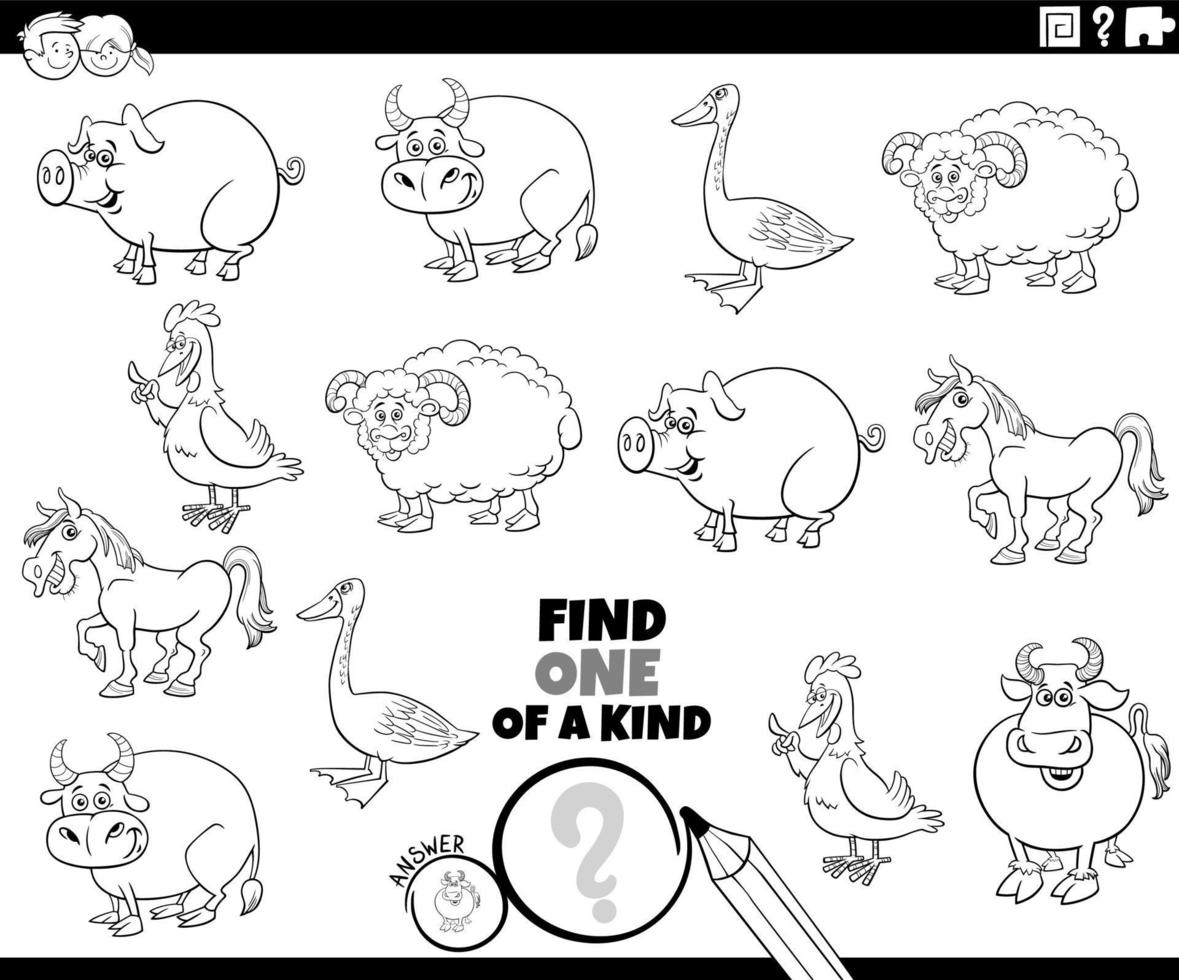 one of a kind game with cartoon farm animals coloring page vector