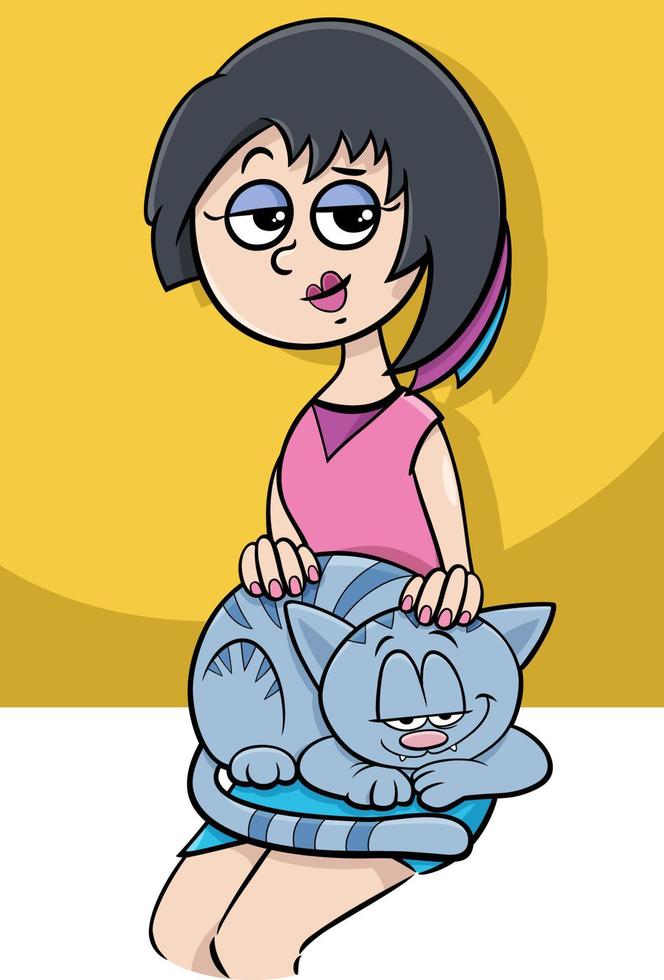 cartoon woman petting a cat on her lap vector