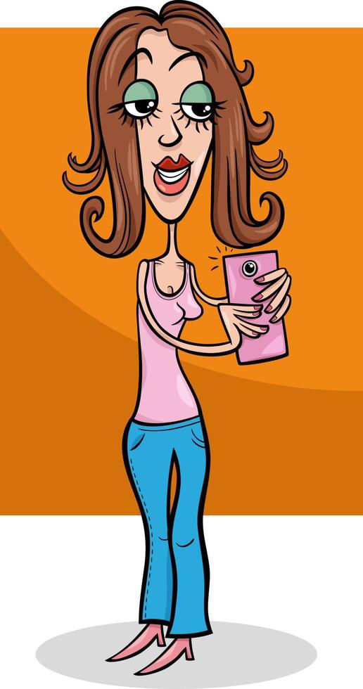 caricatura, mujer joven, elaboración, selfie, con, teléfono inteligente vector