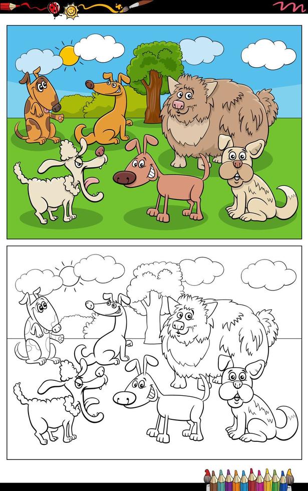 Perros de dibujos animados personajes de animales en el parque página para colorear vector