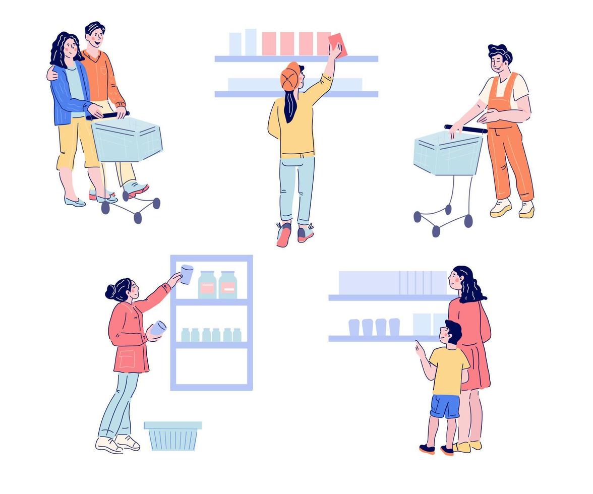 conjunto de personajes de personas en el supermercado comprando alimentos y bienes. clientes o compradores comprando en la tienda de comestibles. ilustración vectorial de cartón plano. vector