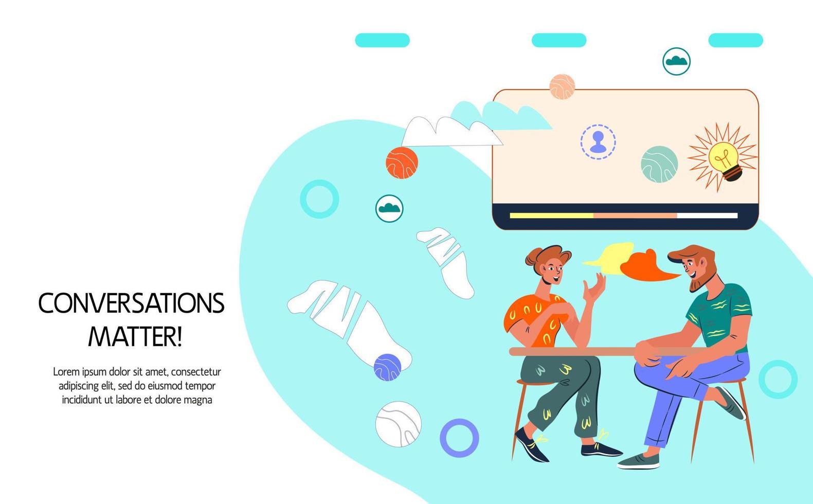 Business conversation, interview or meeting banner template with people having a conversation. Communication in business and exchange of opinions. Flat vector illustration.