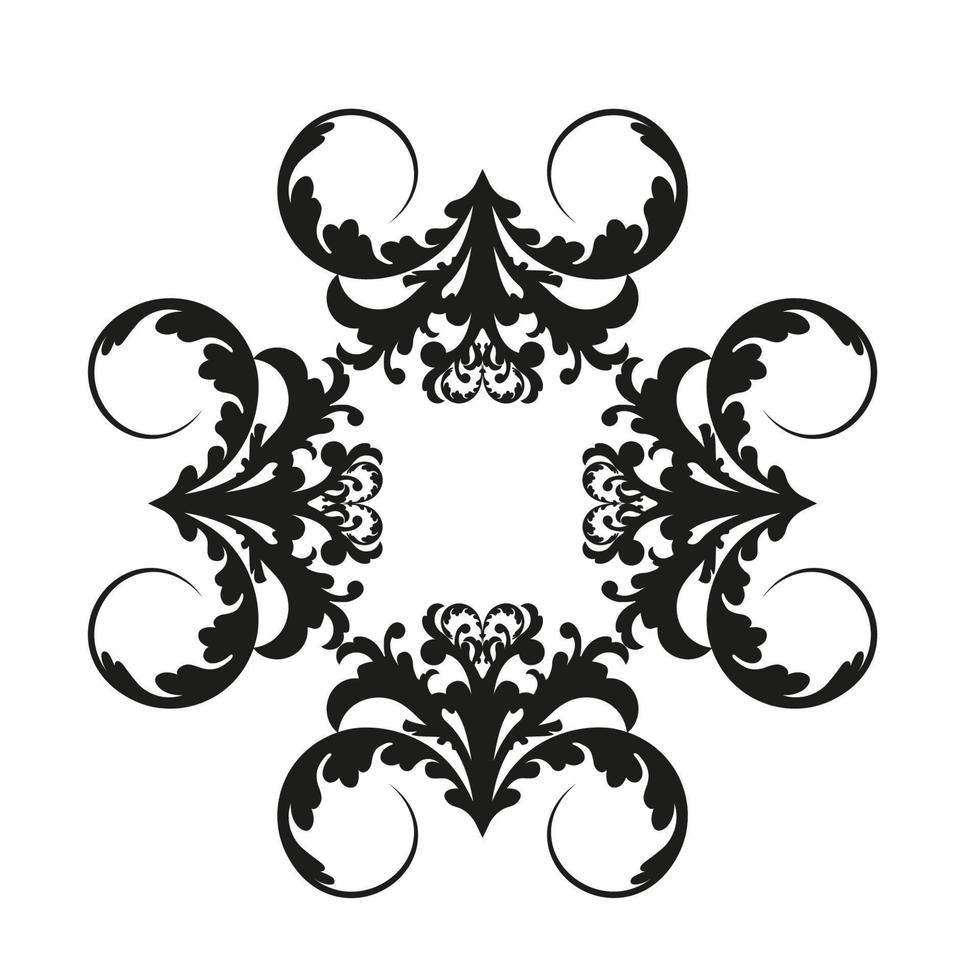 Remolino de ornamento de pergamino barroco vintage de damasco vectorial. remolino del escudo heráldico del monograma victoriano. retro floral patrón de hojas frontera follaje antiguo acanto caligrafía grabado tatuaje. patrones sin fisuras vector