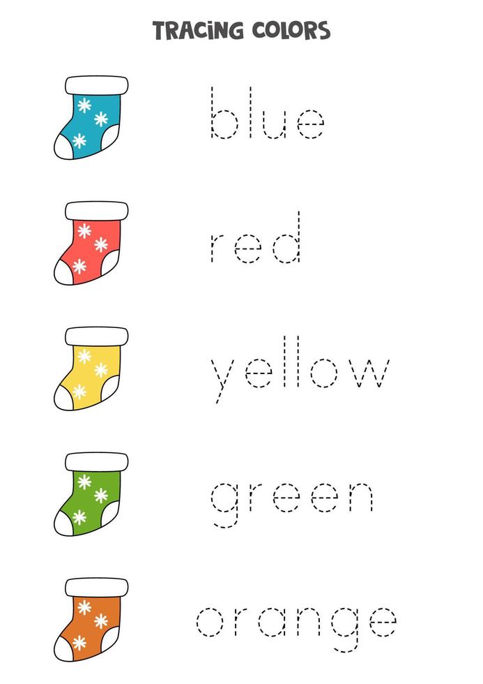 Trace names of basic colors with winter socks. Handwriting practice. vector