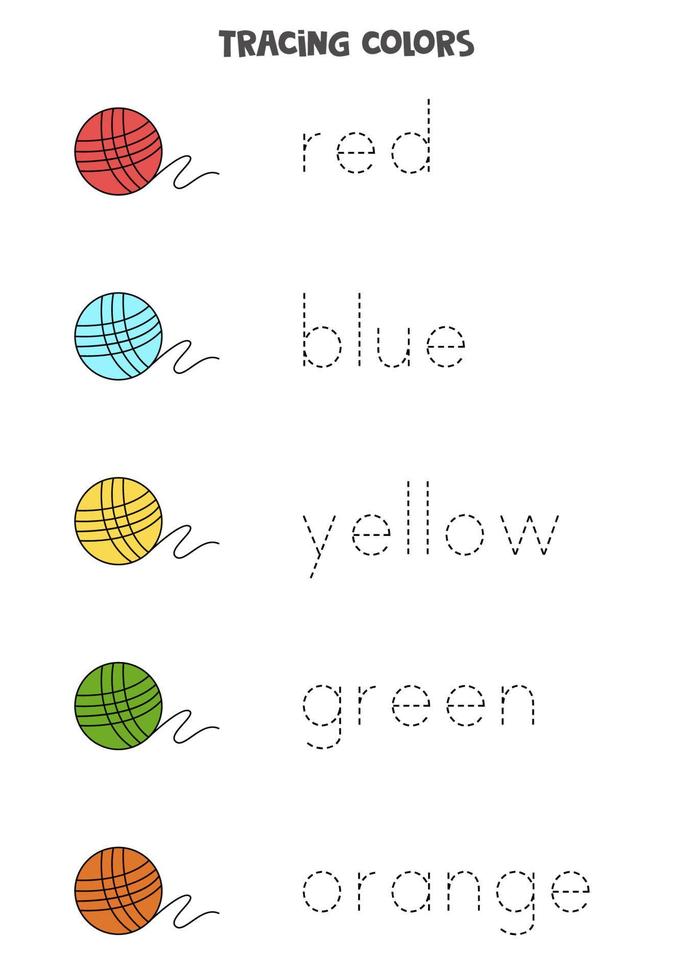 Trace names of basic colors with ball of yarn. Handwriting practice. vector