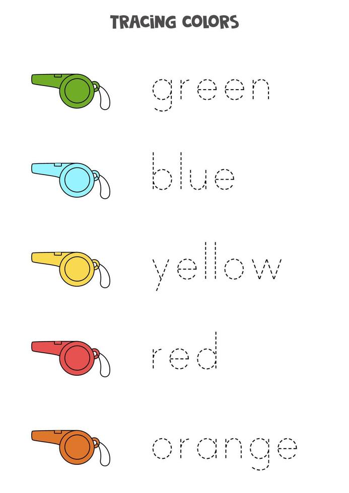 Trace names of basic colors with whistles. Handwriting practice. vector