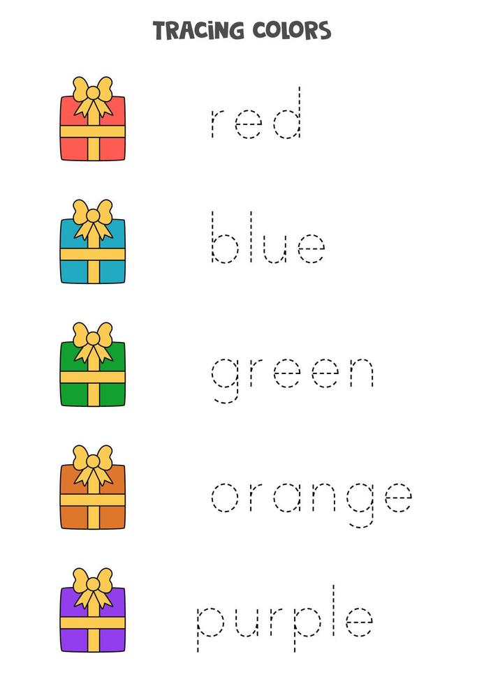 trazar nombres de colores básicos con regalos. práctica de escritura a mano. vector