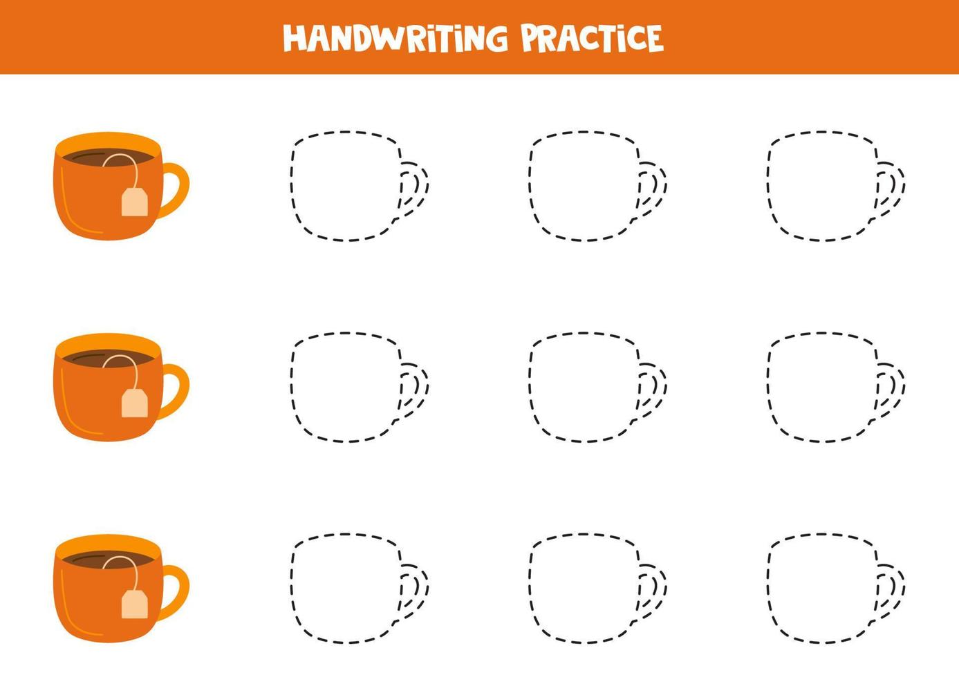 Tracing lines for kids. Hand drawn tea cups. Writing practice. vector