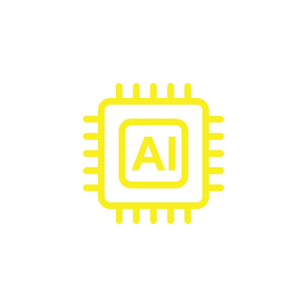 eps10 yellow vector Chip AI Brain Artificial Intelligence line icon isolated on white background. AI Processor symbol in a simple flat trendy modern style for your website design, logo, and mobile app