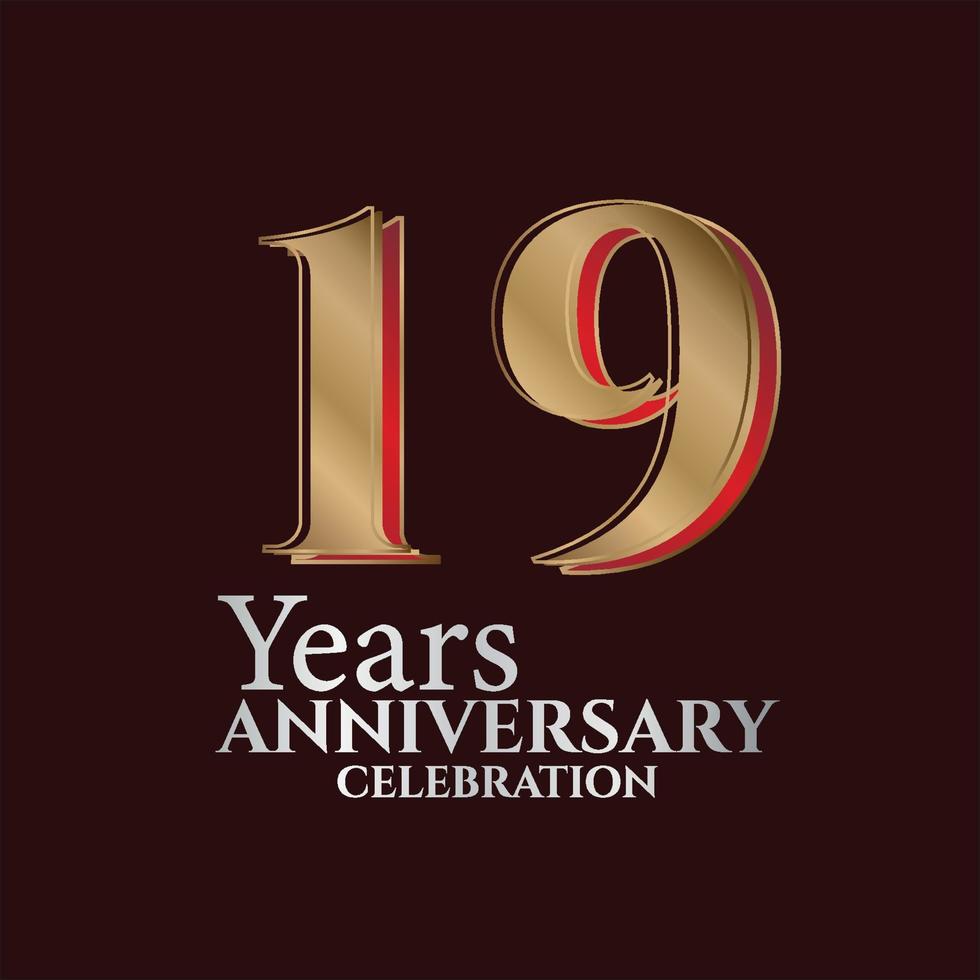 Logotipo de aniversario de 19 años de color dorado y rojo aislado en un fondo elegante, diseño vectorial para tarjetas de felicitación y tarjetas de invitación vector