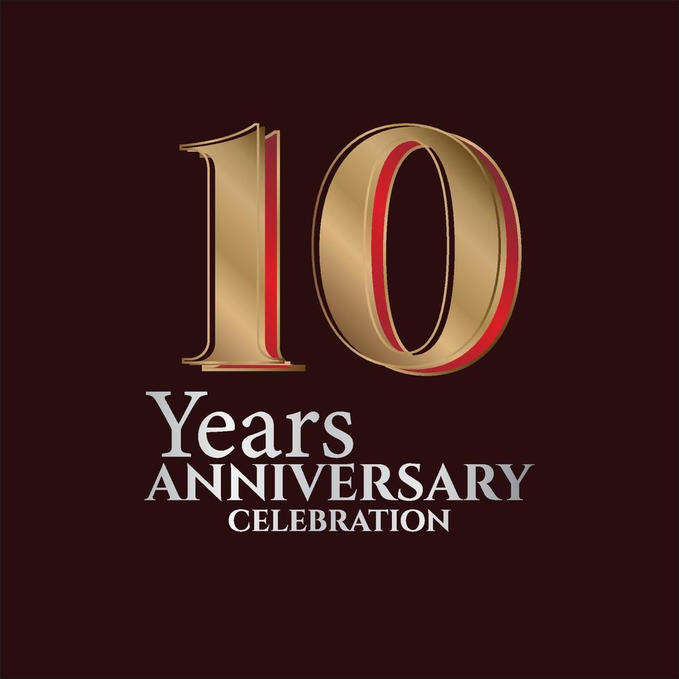 10th Years Anniversary Logo Gold and red Colour isolated on elegant background, vector design for greeting card and invitation card