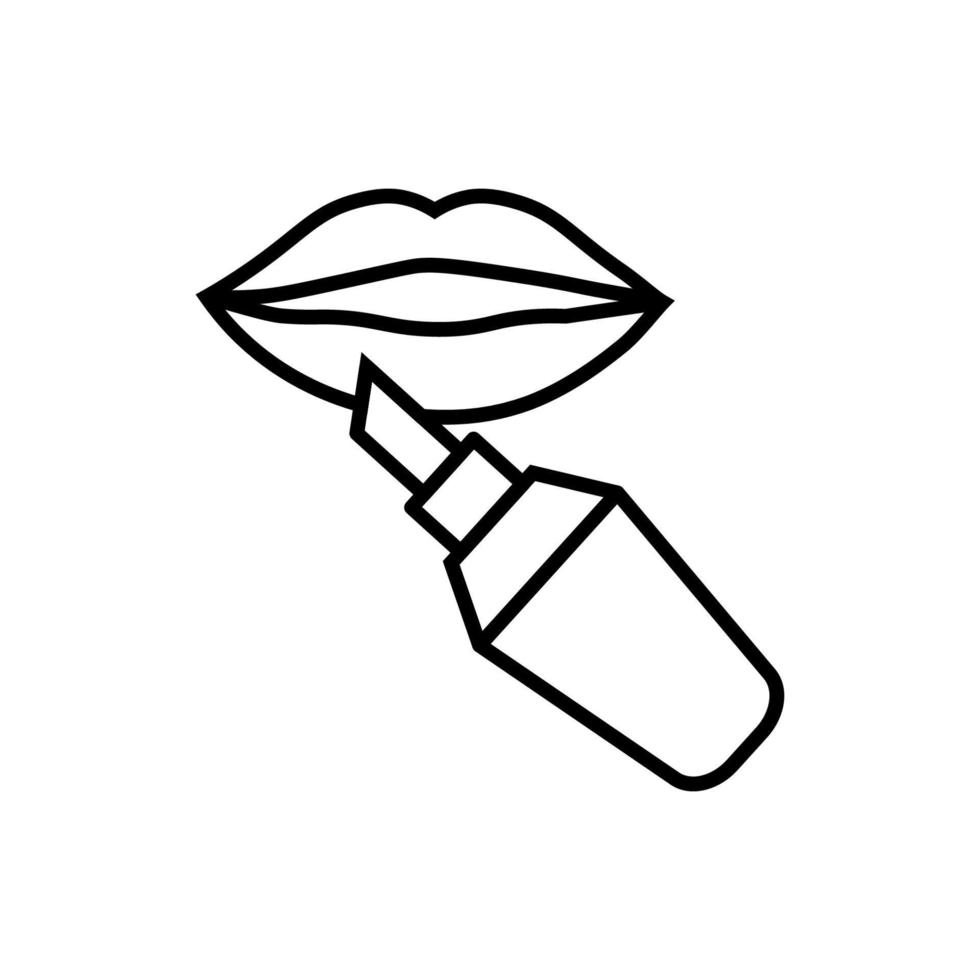 Simple vector isolated pictogram drawn with black thin line. Editable stroke for web sites, adverts, stores, shops. Vector line icon of lipstick by lips