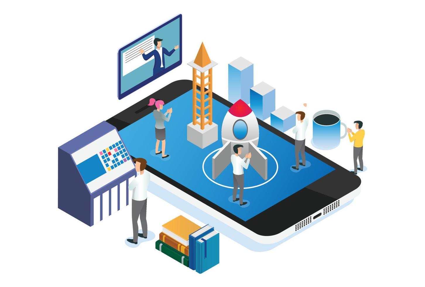 preparación moderna de lanzamiento de productos de inicio isométricos, adecuada para diagramas, infografías, ilustraciones y otros activos relacionados con gráficos vector