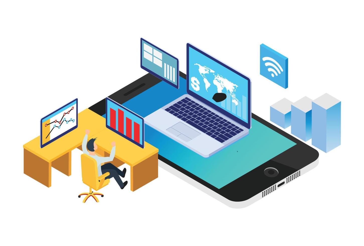 Isometric Stock Market Financial Analysis Illustration, Suitable for Diagrams, Infographics, Book Illustration, Game Asset, And Other Graphic Related Assets vector