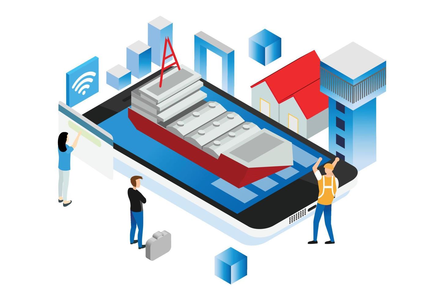 ilustración isométrica moderna del sistema logístico portuario comercial inteligente, adecuada para diagramas, infografías, ilustración de libros, activos de juegos y otros activos relacionados con gráficos vector