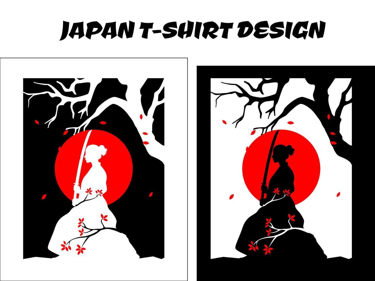 samurái femenino, diseño de camisetas japonesas, ilustración vectorial samurai, silueta para un tema japonés, vector samurai japonés de silueta para el concepto de camiseta de diseño