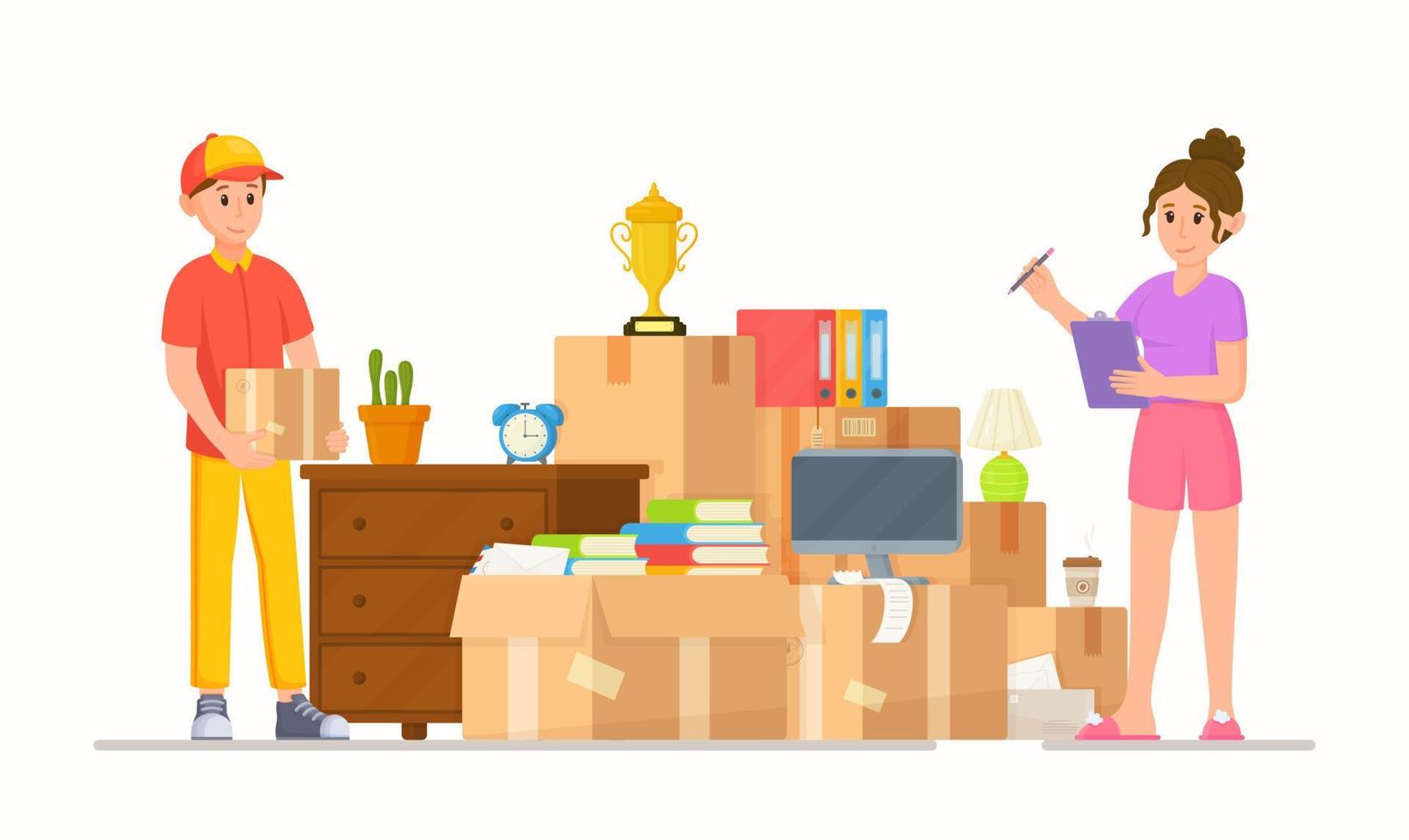 Vector illustration of a delivery service. A pile of boxes and household items.