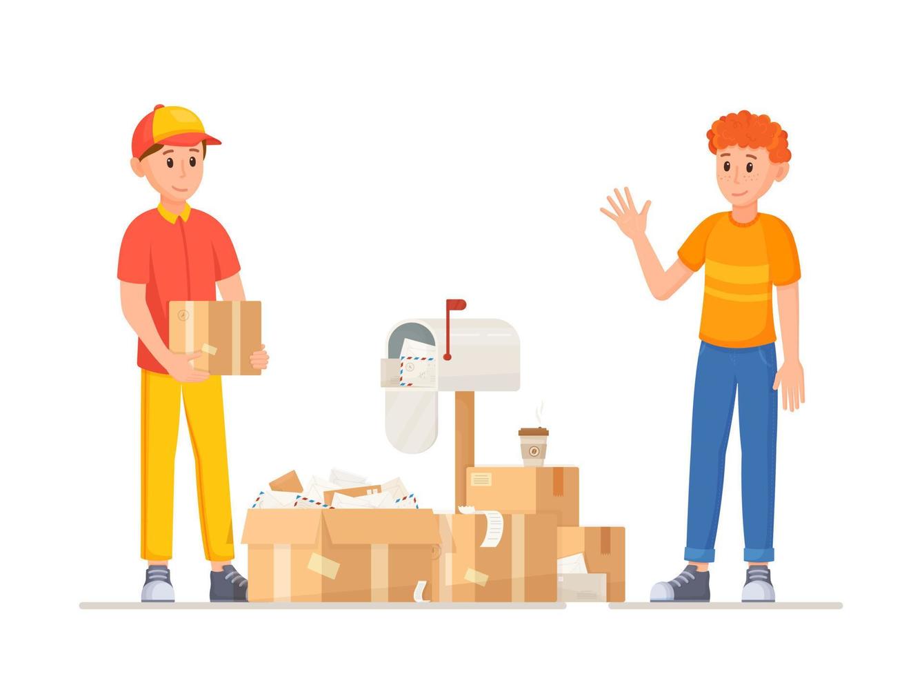 Vector illustration of delivery day. The customer came to pick up the order from the courier.