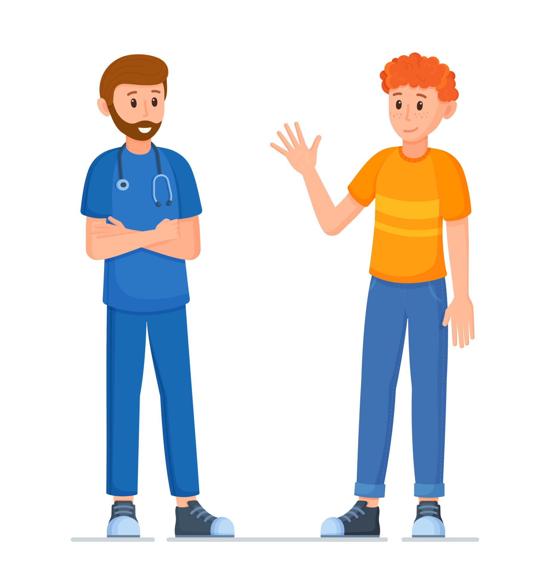 Vector illustration of doctor and patient. Two people talking standing  full-length. 12992572 Vector Art at Vecteezy