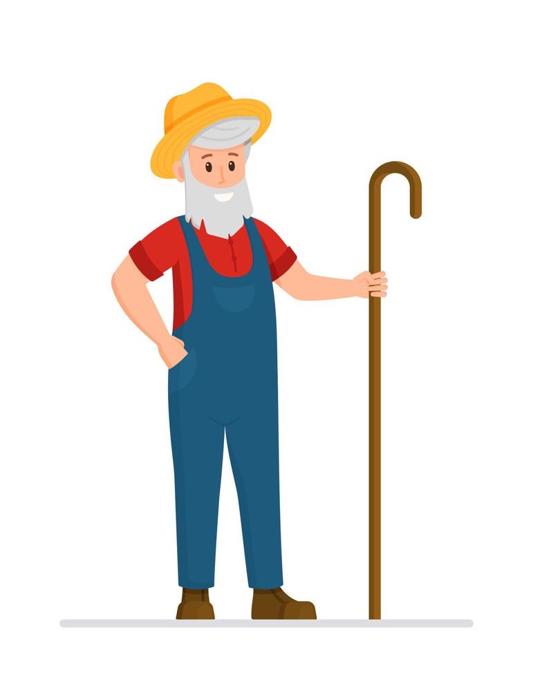 Vector isolated character, farmer with a stick. A smiling shepherd in working clothes.