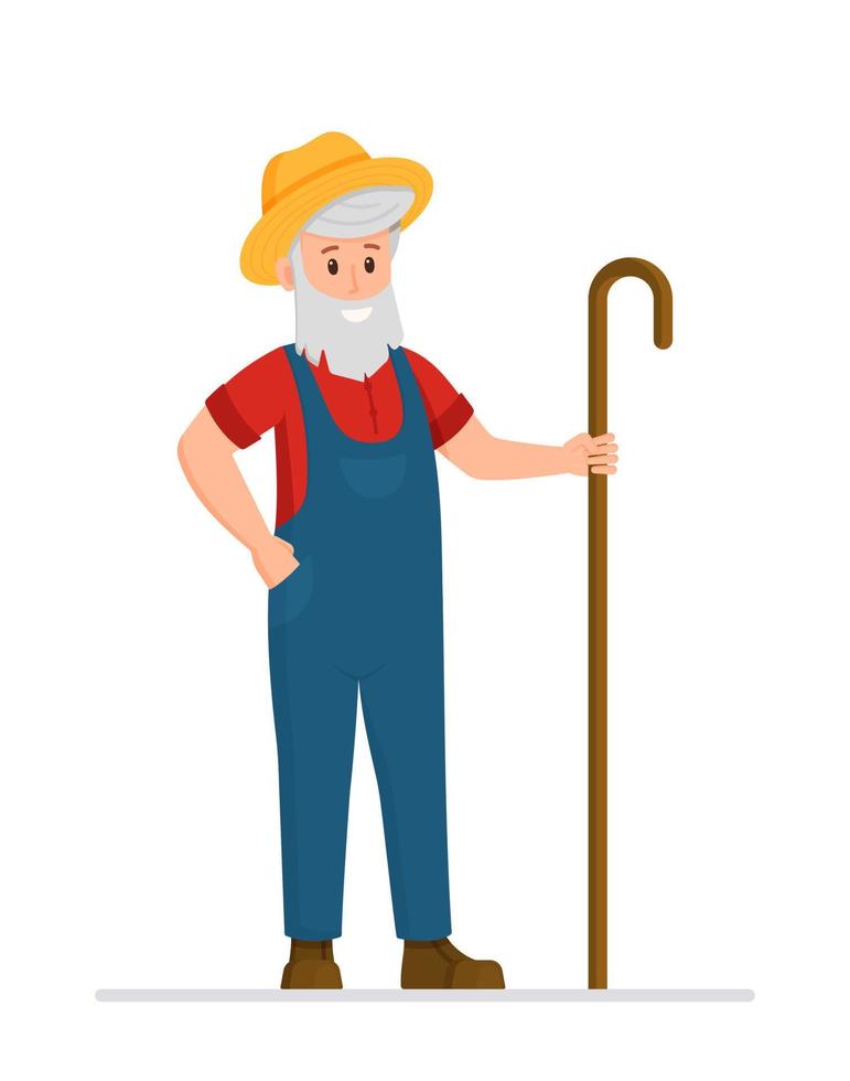 carácter vectorial aislado, agricultor con un palo. un pastor sonriente en ropa de trabajo. vector