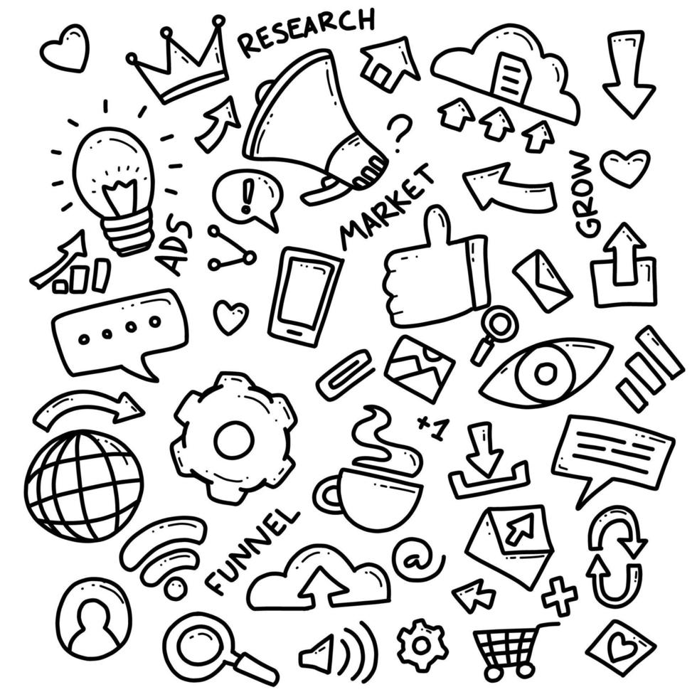 digital marketing doodle things outline illustration hand drawing set vector