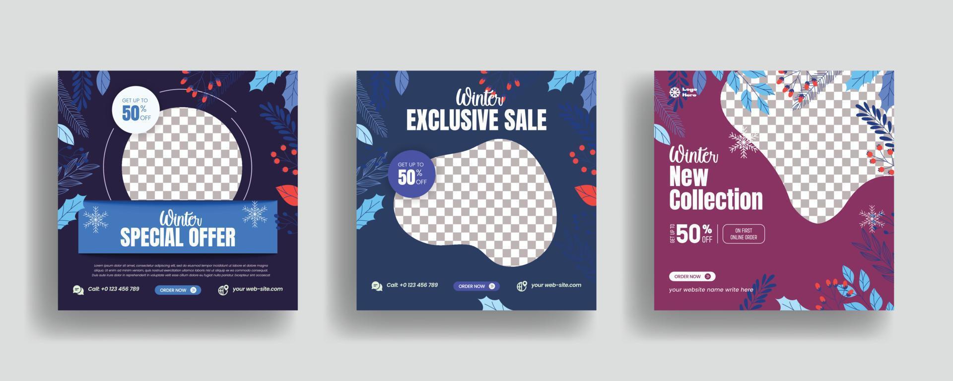 Winter sale social media post banner and website banner ad or square flyer template design vector