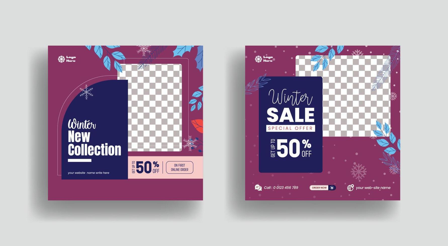 banner de publicación de redes sociales de venta de invierno y anuncio de banner de sitio web o diseño de plantilla de volante cuadrado vector