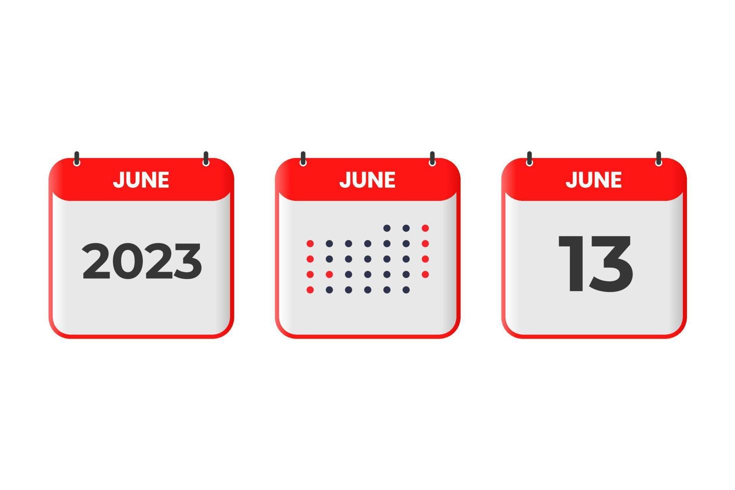 13 de junio icono de diseño de calendario. calendario 2023, cita, concepto de fecha importante vector