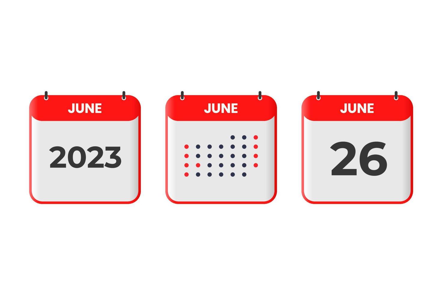 26 de junio icono de diseño de calendario. calendario 2023, cita, concepto de fecha importante vector