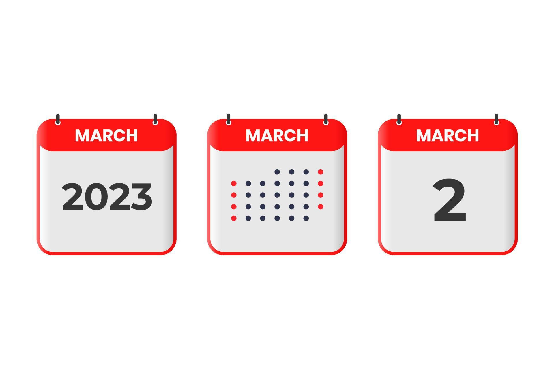 March 2 calendar design icon. 2023 calendar schedule, appointment