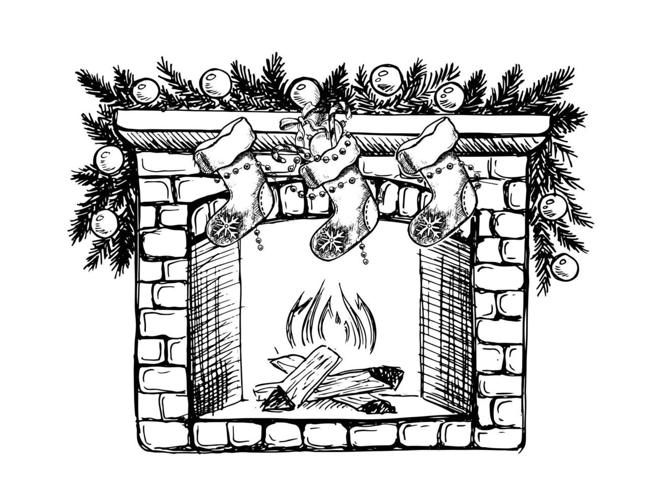 Fireplace with socks and Christmas decorations, hand drawn illustration. Vector. vector