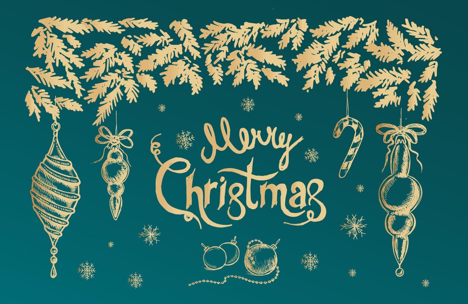 Christmas tree, toys, hand drawn style, vector illustration
