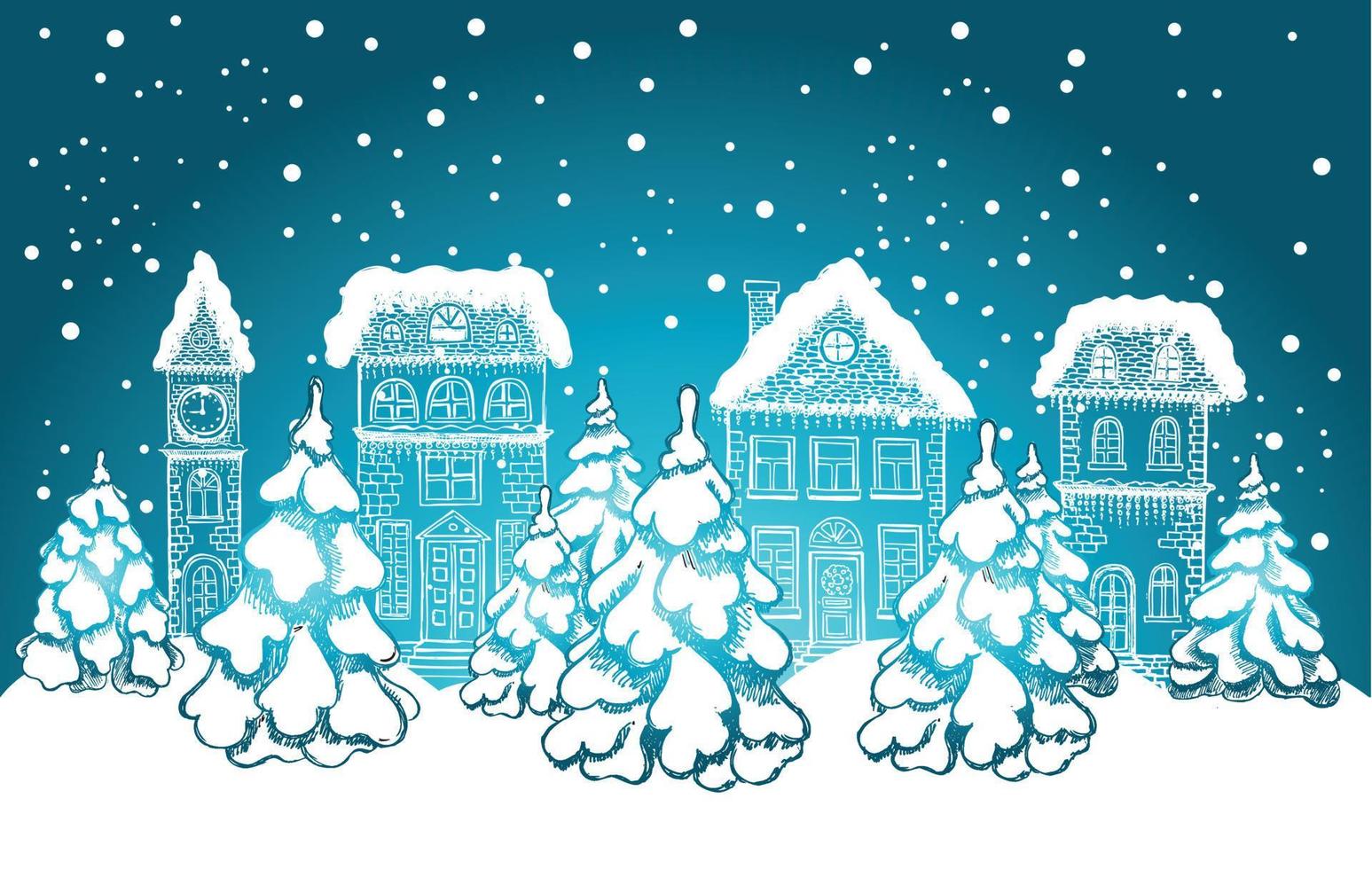 Illustration of houses. Christmas Greeting card. Set of hand drawn buildings. vector