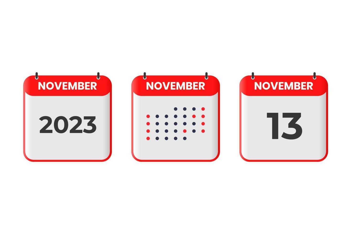 13 de noviembre icono de diseño de calendario. calendario 2023, cita, concepto de fecha importante vector