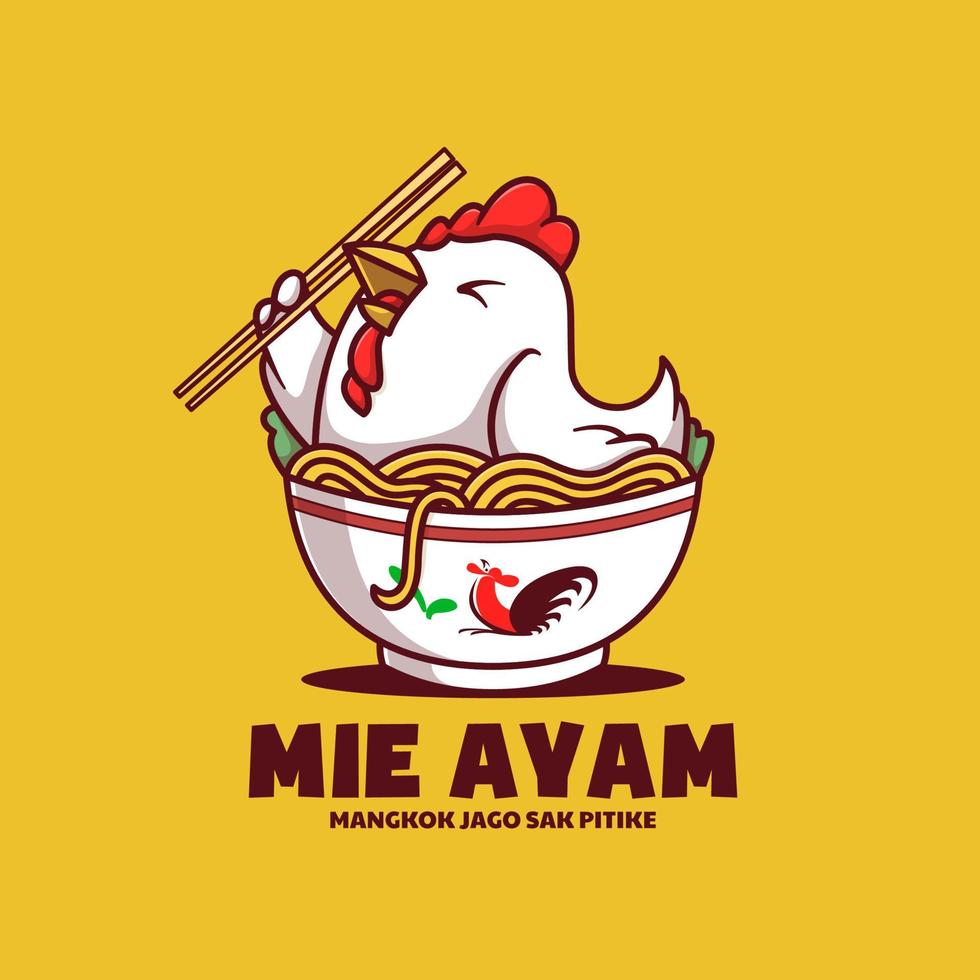 Chicken In a Bowl Holding Chopsticks Logo Cartoon Illustration vector