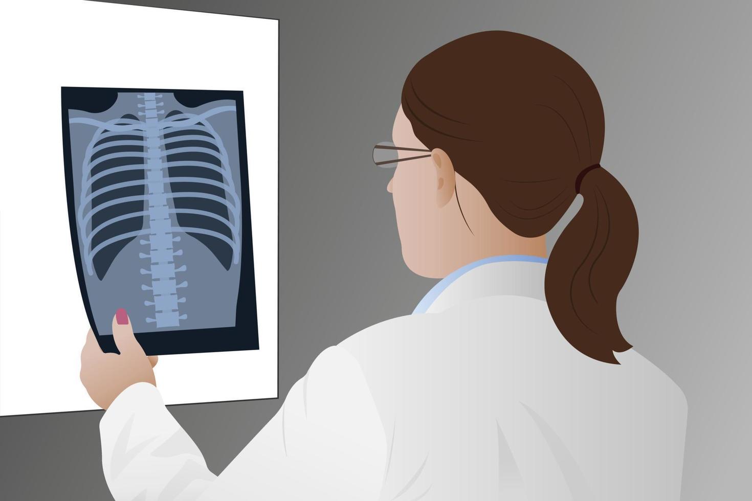 A female doctor examines a chest x-ray of a patient in the x-ray department of a hospital. vector