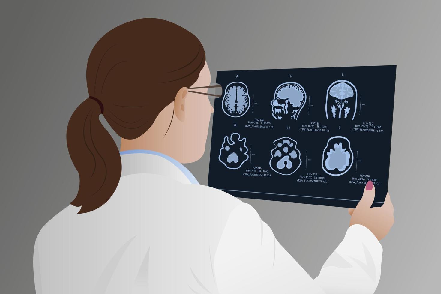 diagnóstico de enfermedades del cerebro en un médico que examina la resonancia magnética. vector